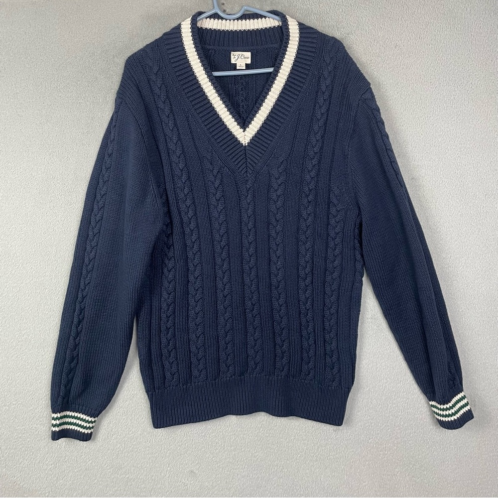 J. Crew Fisherman Sweater Mens Size L Blue Cable Knit V Neck Long Sleeve Cotton